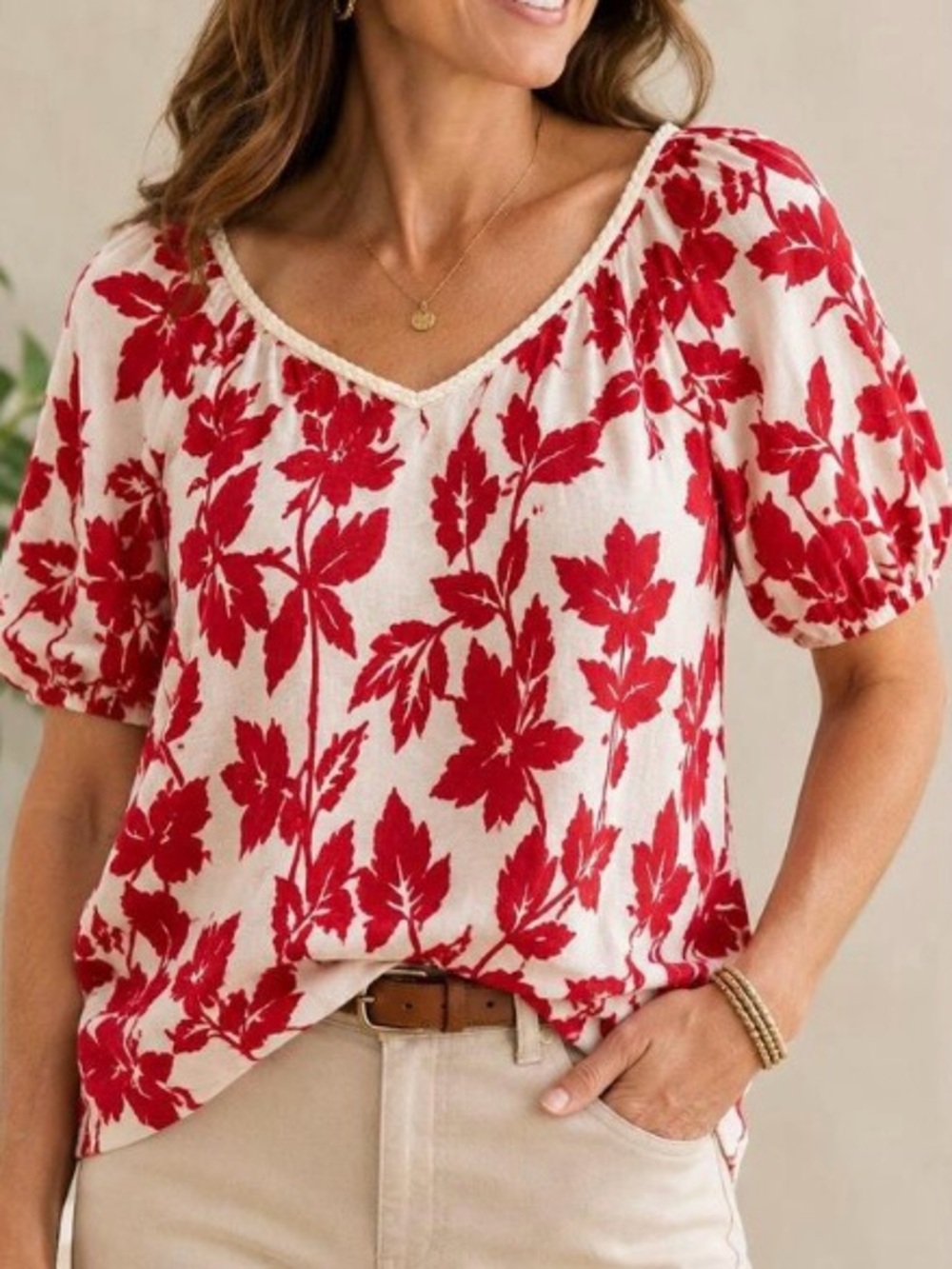 Chico’s Floral Braided Linen Top size 2 Red Cream